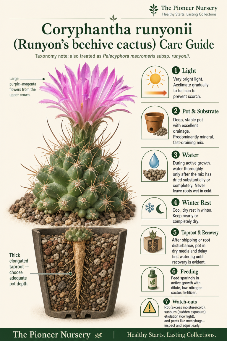 Coryphantha runyonii, also accepted as Pelecyphora macromeris subsp. runyonii, with clumping growth and large purple-magenta flowers in a vertical cactus care infographic.