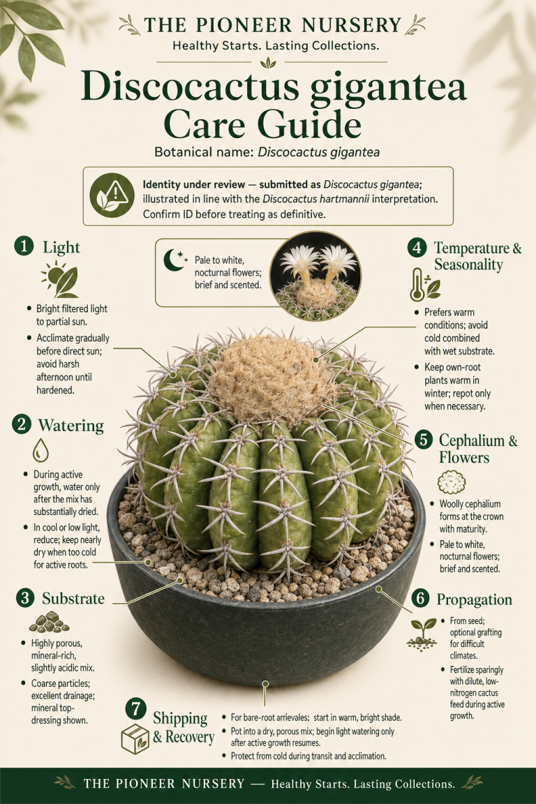 Discocactus gigantea care guide showing a woolly-cephalium Discocactus with bright filtered light, mineral substrate, careful watering, warm conditions, and arrival-care guidance.
