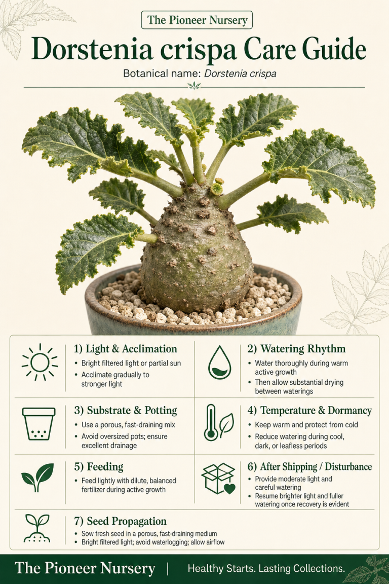 Dorstenia crispa care guide featuring a swollen-stemmed Dorstenia associated with crisped, wavy leaves, with light, watering, soil, temperature, and arrival-care tips.