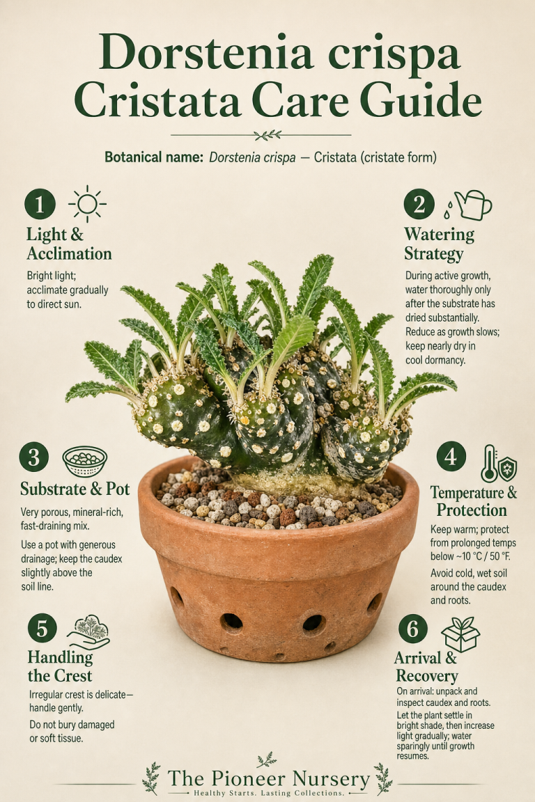 Dorstenia crispa Cristata crested caudex plant care guide showing its irregular crest, leaves, and drainage-focused growing requirements