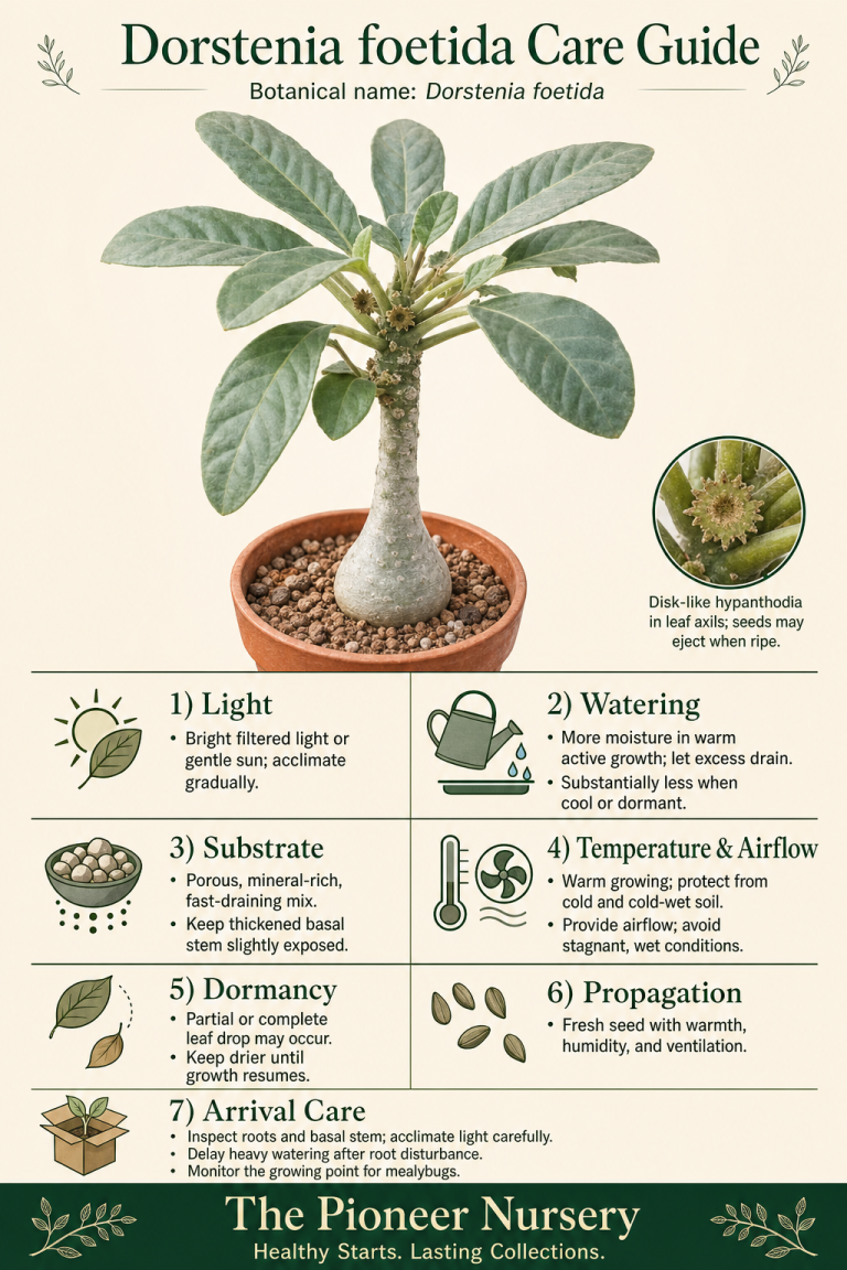 Dorstenia foetida succulent subshrub care guide showing its thickened basal stem, leafy growth, disk-like hypanthodia, and seasonal care requirements.