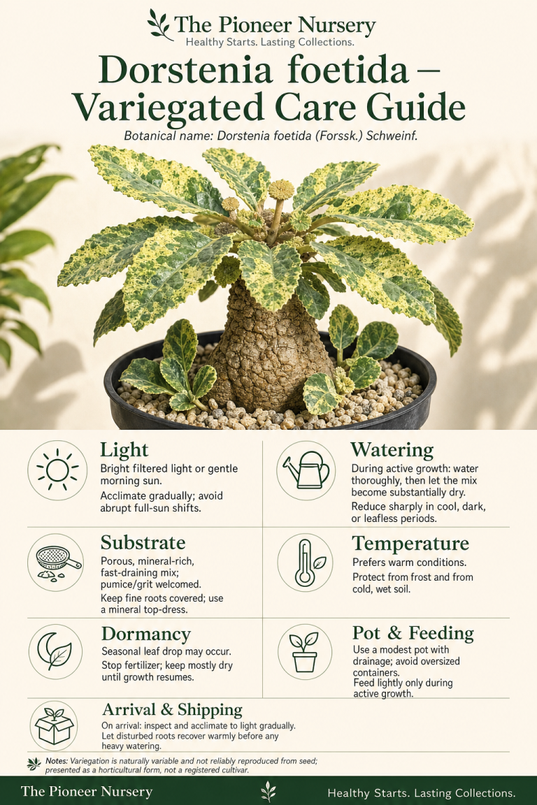 Variegated Dorstenia foetida with a swollen caudex and patterned green leaves in a Pioneer Nursery care infographic