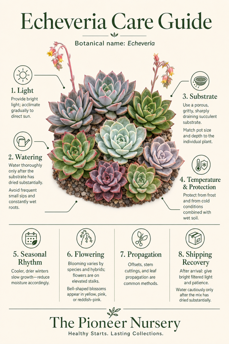 Echeveria genus care guide showing rosette-forming plants, bright light, gritty soil, careful watering, winter protection, flowering, and propagation.