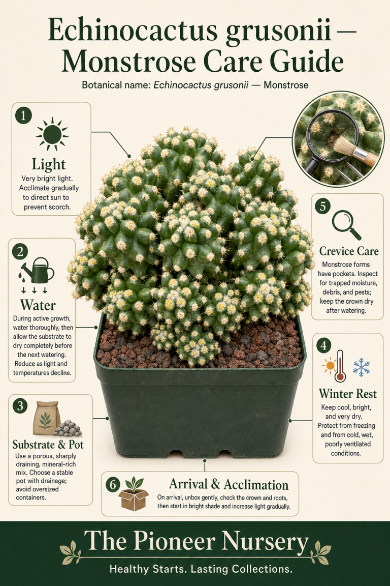 Echinocactus grusonii Monstrose golden barrel cactus with irregular knobby growth and dense golden spines in a care guide infographic.