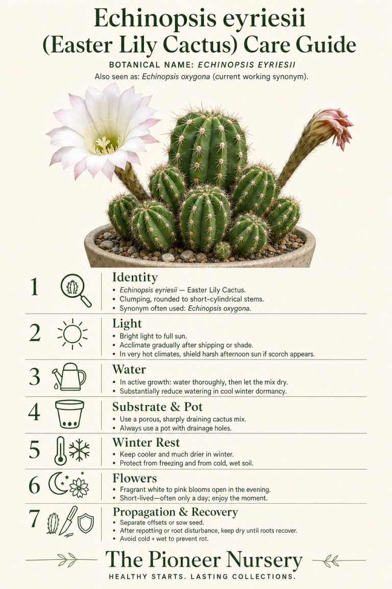 Echinopsis eyriesii Easter lily cactus with clumping growth and fragrant white to pink evening flowers, shown with key care requirements.