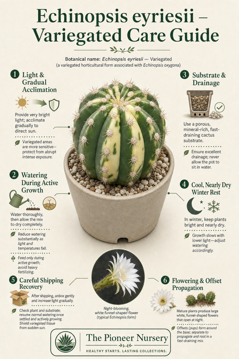 Variegated Echinopsis eyriesii cactus with green and pale sectors in a well-drained pot, shown in a vertical care guide infographic.