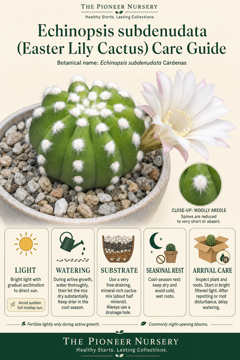 Echinopsis subdenudata Easter lily cactus with woolly areoles, reduced spines, and a large white funnel-shaped flower beside a vertical care infographic.