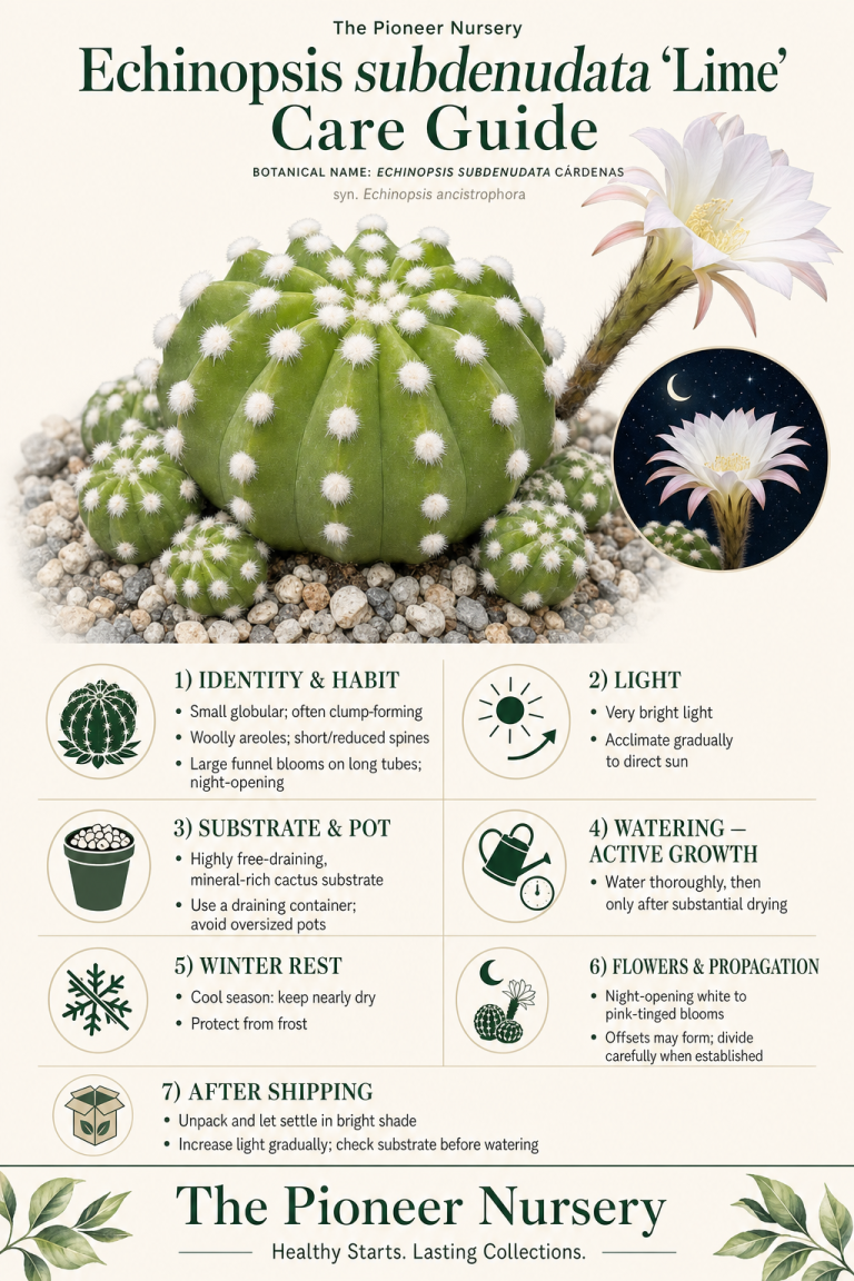 Echinopsis subdenudata ‘Lime’ cactus with a globular form, woolly areoles, short spines, and white night-blooming flowers