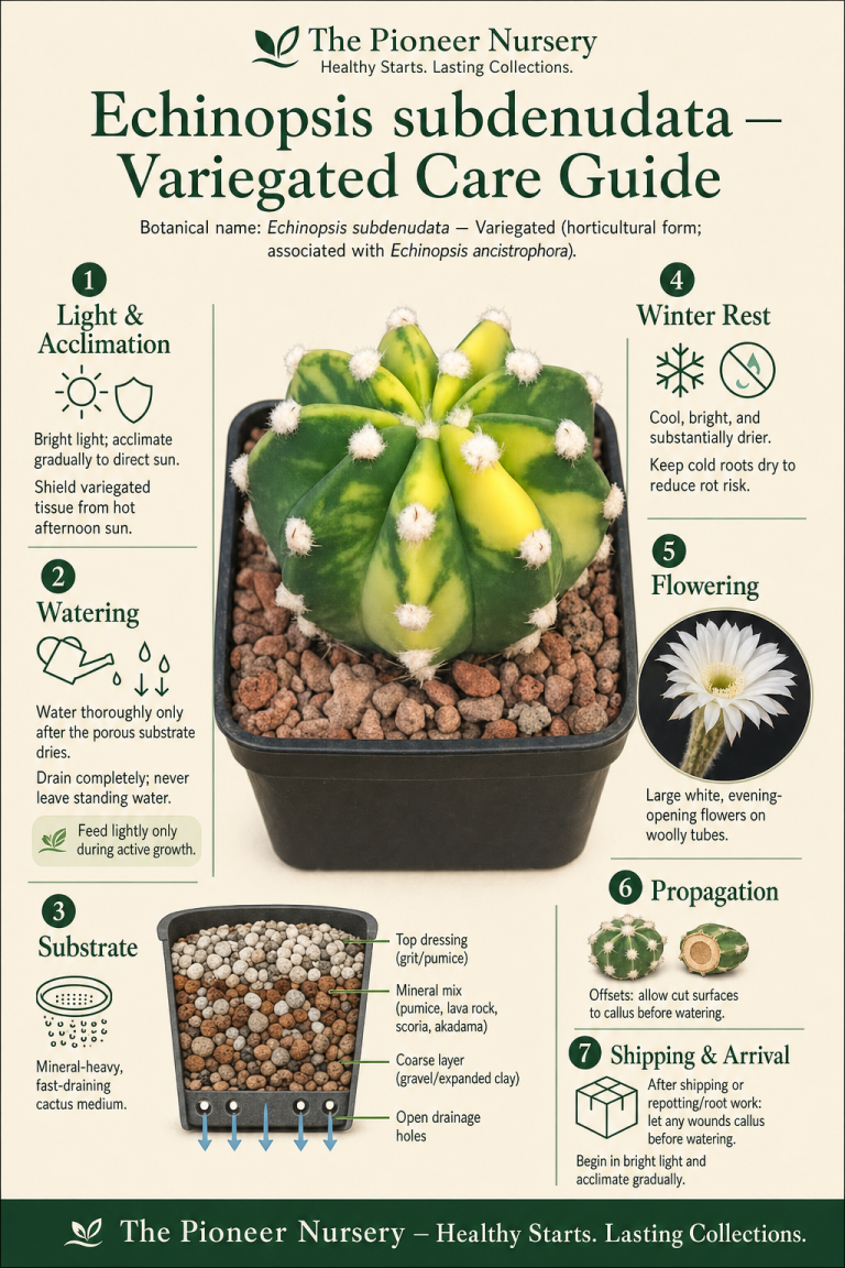 Variegated Echinopsis subdenudata cactus with care guide infographic