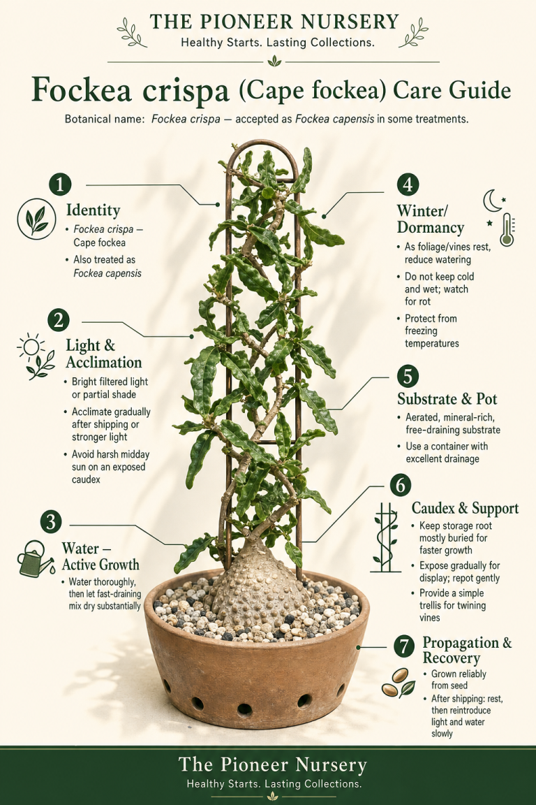 Fockea crispa Cape fockea with a rough corrugated caudex, crinkled leaves, and twining vines in a care-guide infographic