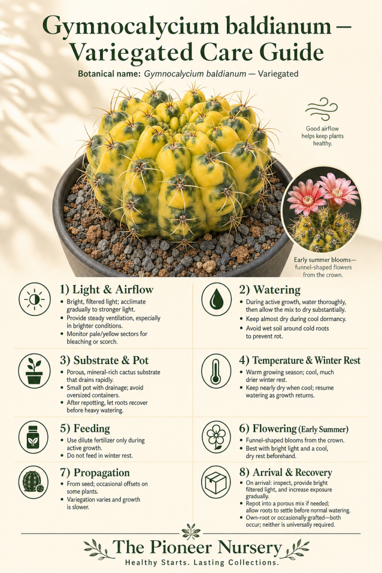 Variegated Gymnocalycium baldianum cactus with care-guide infographic sections for light, watering, soil, winter rest, and propagation