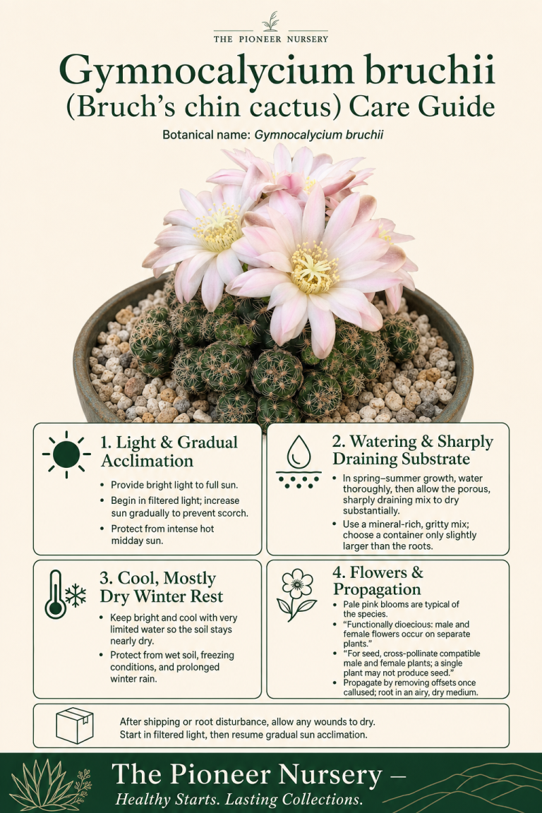 Gymnocalycium bruchii, a small clump-forming cactus with rounded green bodies and pink flowers, shown in a bright, sharply draining potting setup.