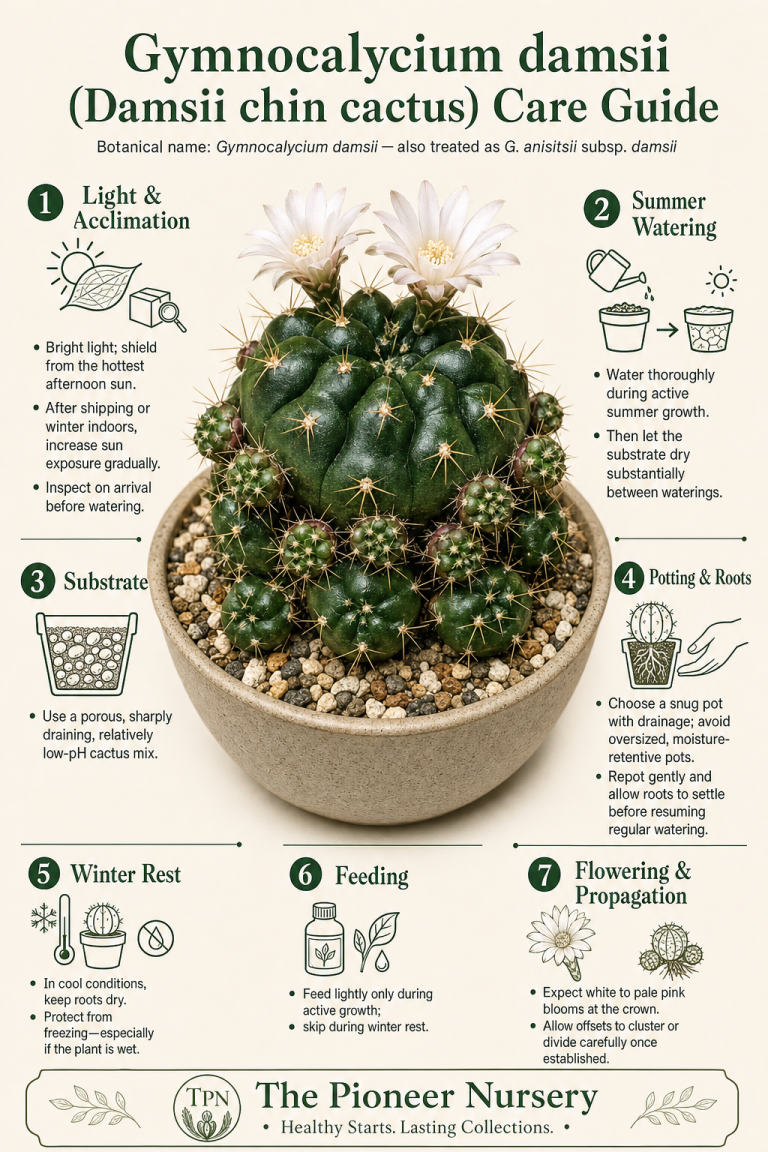 Gymnocalycium damsii care guide showing the compact chin cactus with bright filtered light, porous soil, seasonal watering, and a dry winter rest.