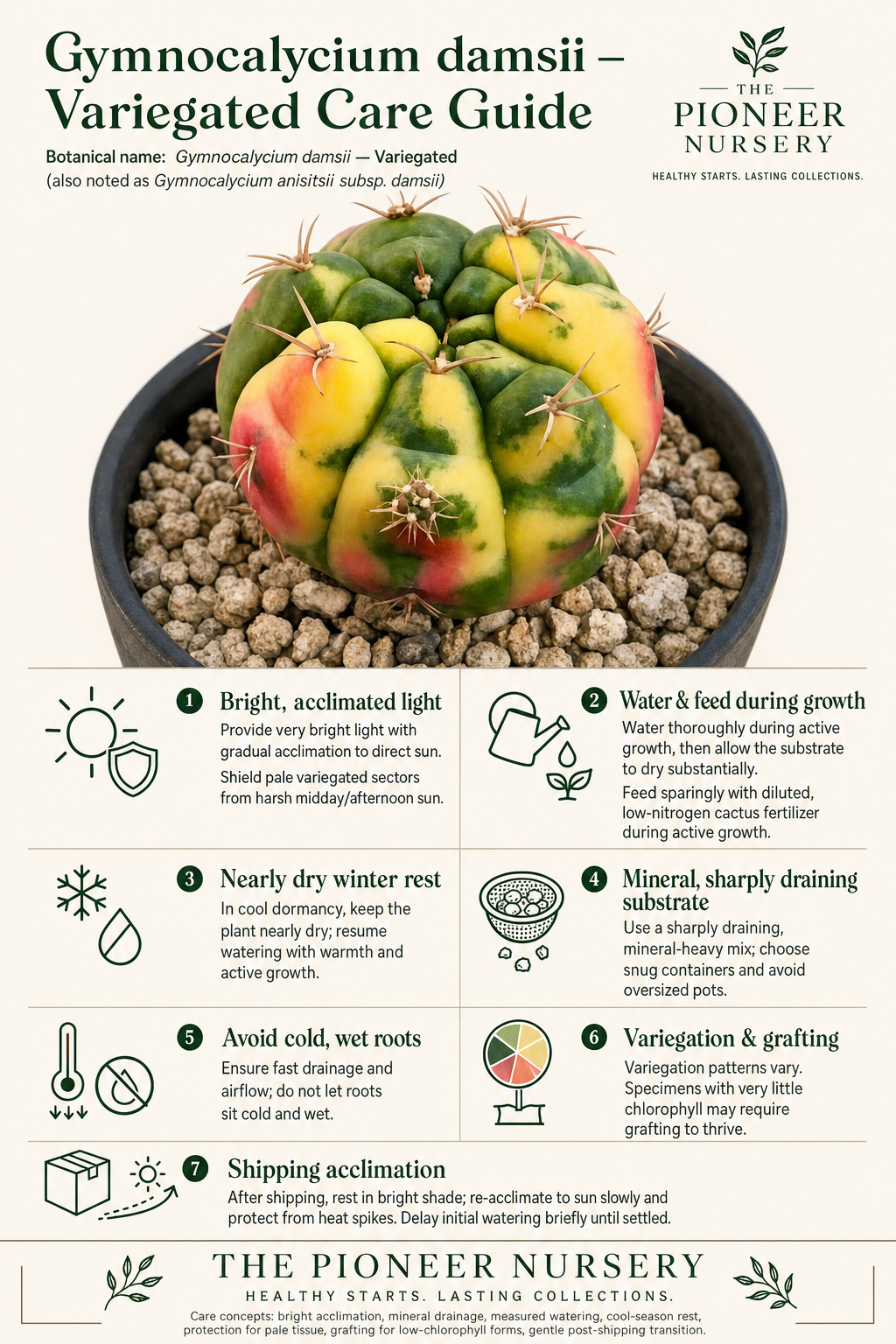 Variegated Gymnocalycium damsii cactus with green, yellow, and pale sectors shown in a clean care guide infographic