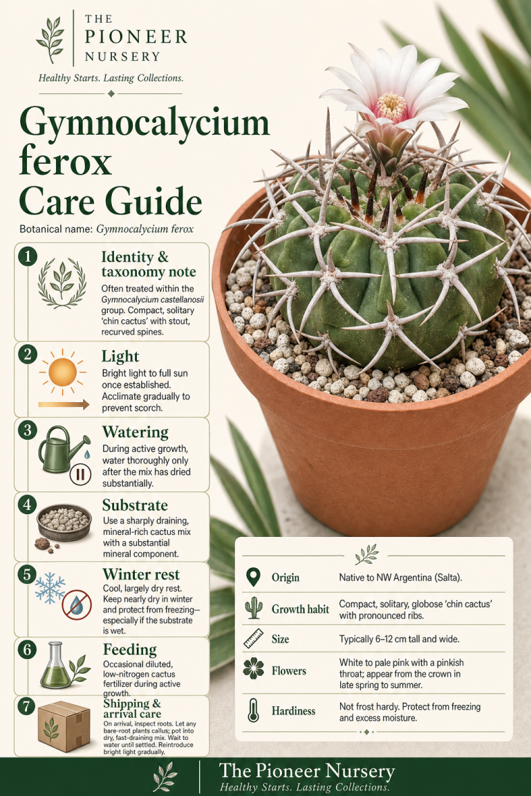 Gymnocalycium ferox cactus with stout recurved spines, shown in a bright, sharply drained growing setup with care-guide panels.