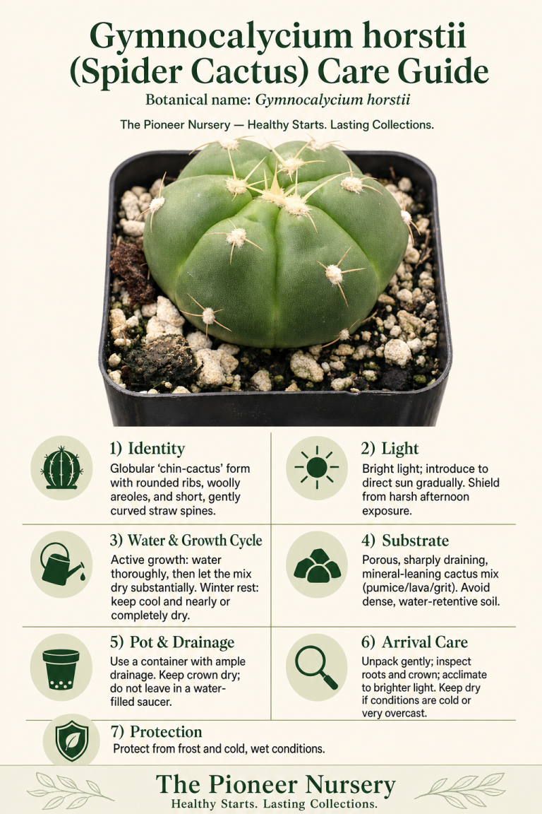 Gymnocalycium horstii spider cactus care guide showing its globular form and seasonal care needs