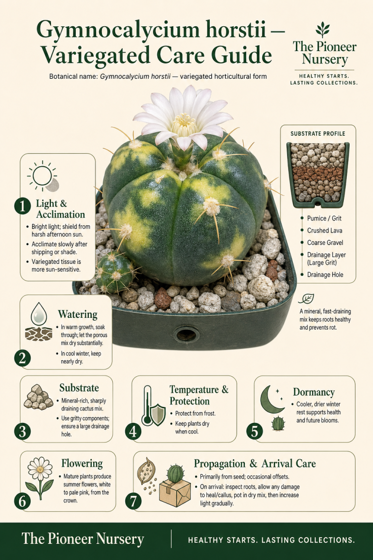 Variegated Gymnocalycium horstii cactus with patterned chlorophyll reduction shown in a Pioneer Nursery care infographic