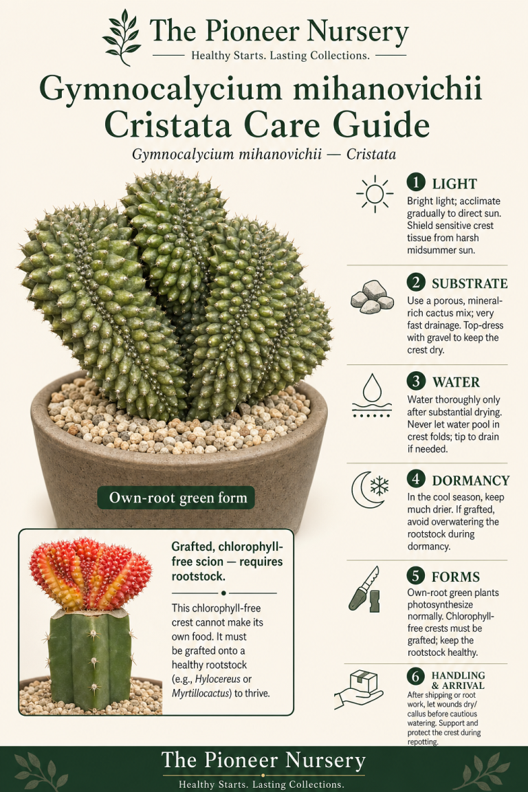 Gymnocalycium mihanovichii Cristata crested cactus with an educational care guide layout