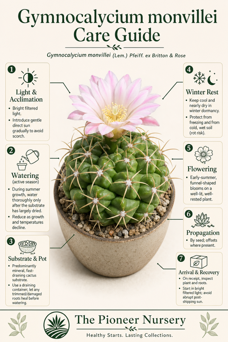 Gymnocalycium monvillei chin cactus with care requirements for light, watering, soil, dormancy, and flowering