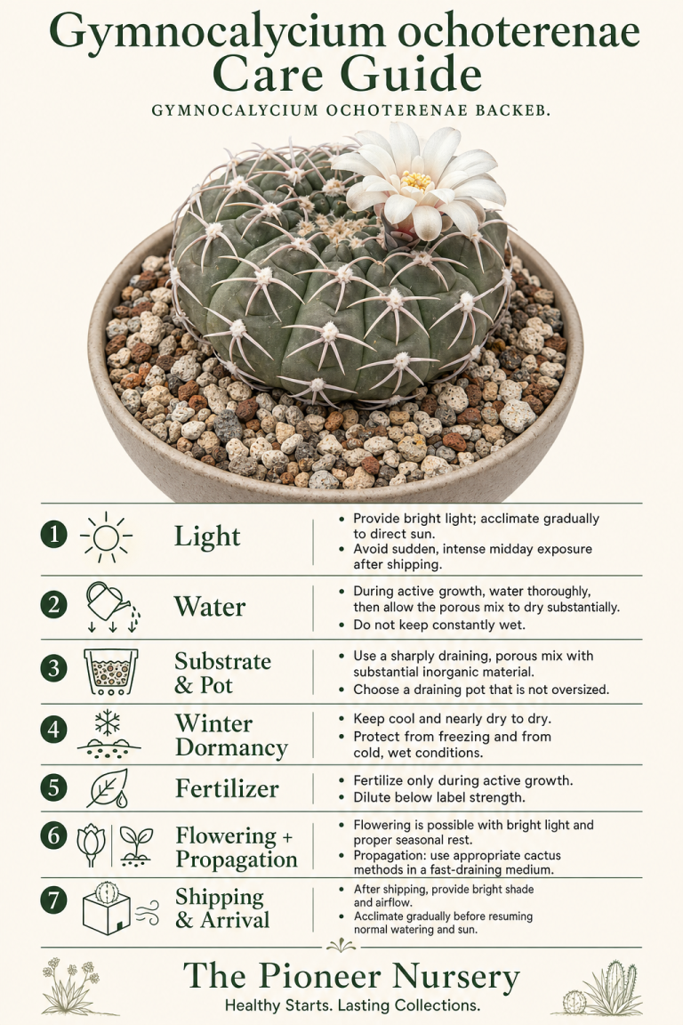 Gymnocalycium ochoterenae care guide showing a terrestrial globular chin cactus with bright-light, watering, porous-soil, dormancy, flowering, propagation, and shipping-care guidance.
