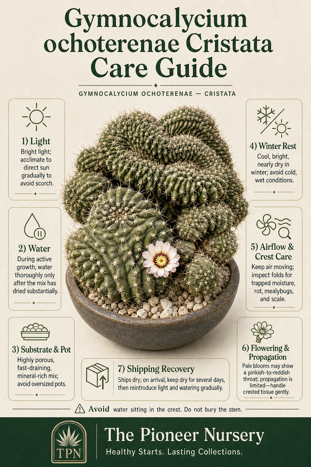 Gymnocalycium ochoterenae Cristata, a crested chin cactus with folded fan-shaped growth, shown with key care guidance.