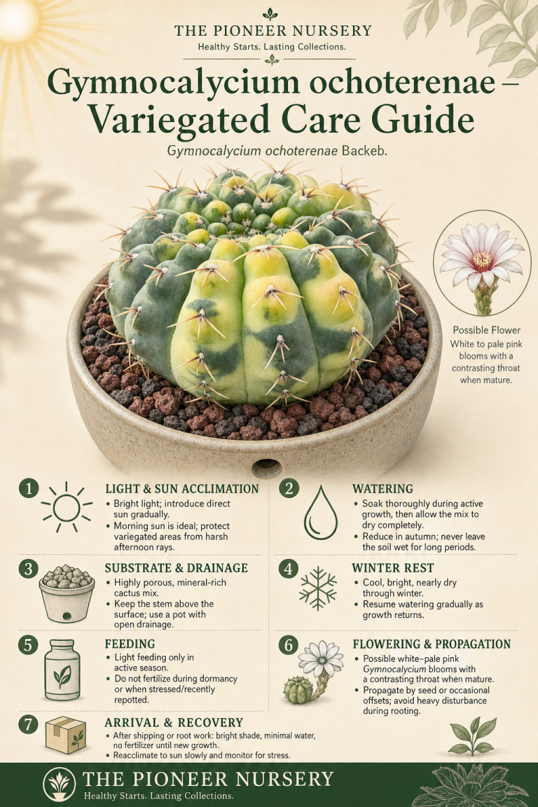 Variegated Gymnocalycium ochoterenae cactus with patterned tissue shown in a vertical care guide infographic.