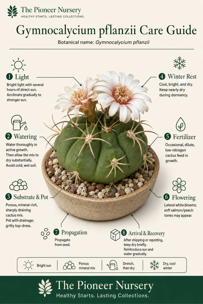 Gymnocalycium pflanzii cactus with lateral pale flowers, shown in a clean care-guide infographic.
