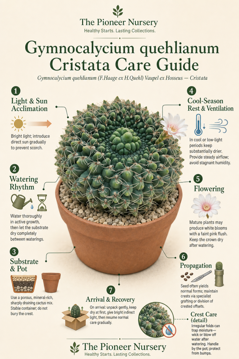 Gymnocalycium quehlianum Cristata with irregular crested growth shown in a clean cactus care guide infographic.