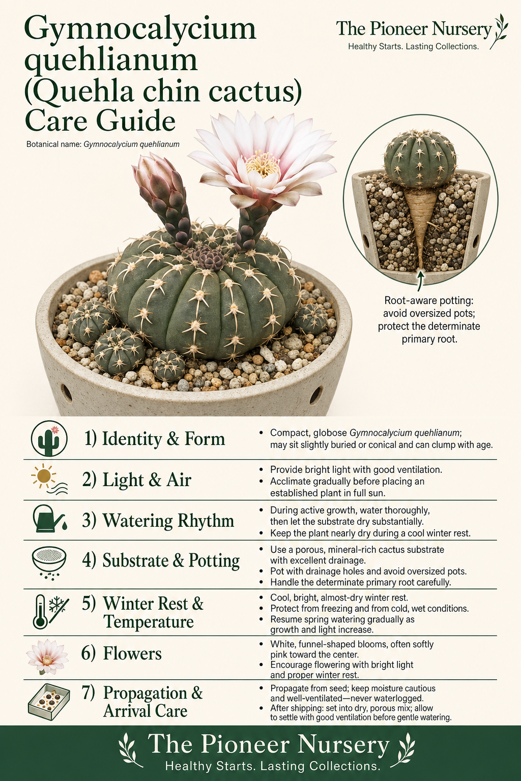 Gymnocalycium quehlianum Quehla chin cactus care guide showing its compact globose body, subtle buried form, and white funnel-shaped flowers with pink centers.