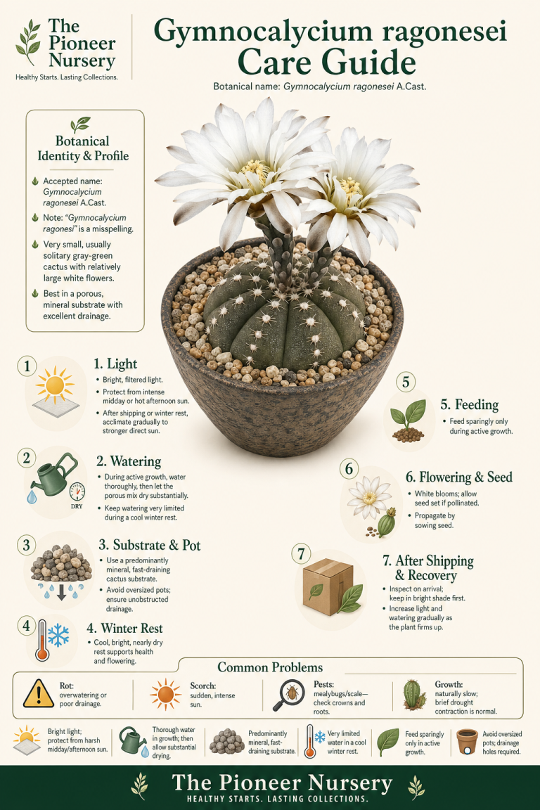 Gymnocalycium ragonesei cactus care guide showing its small solitary gray-green body, white flower, porous mineral soil, bright filtered light, and dry winter rest