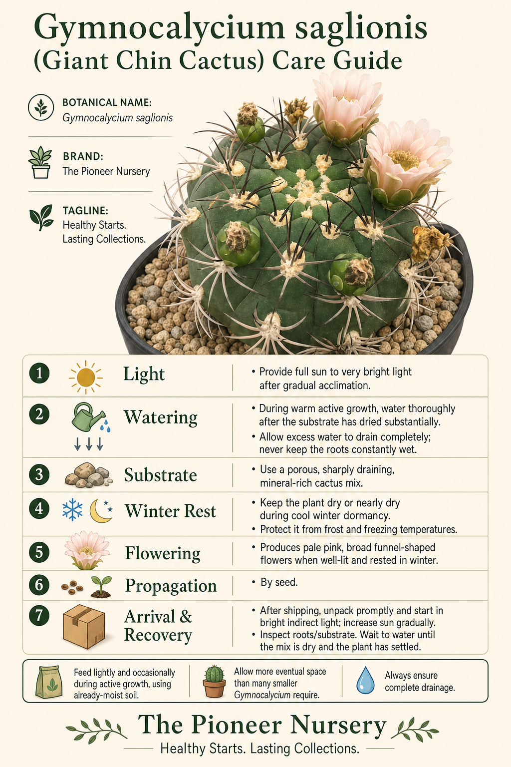 Gymnocalycium saglionis giant chin cactus care guide showing its flattened globose body, tubercled ribs, stout spines, and pale pink flowers.