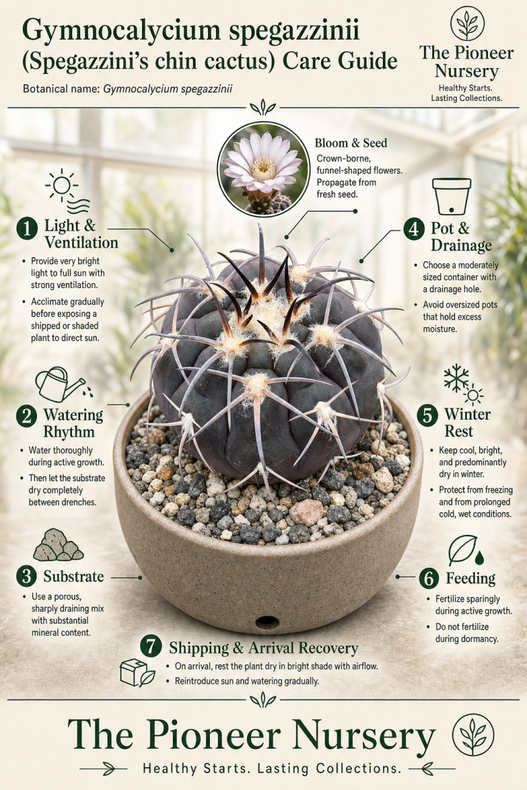 Gymnocalycium spegazzinii care guide showing a solitary globose cactus with bright-light, watering, soil, dormancy, and propagation care sections
