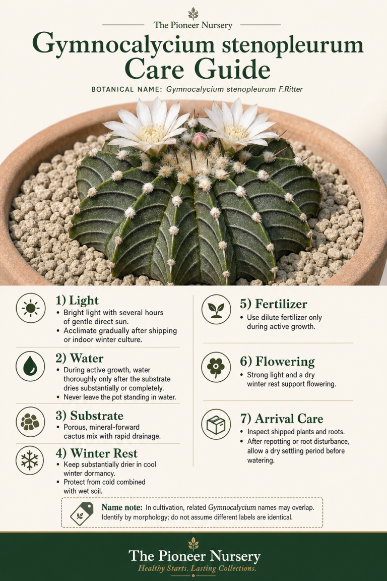 Gymnocalycium stenopleurum chin cactus with white flowers and a vertical care guide showing bright light, dry-down watering, porous soil, and winter rest