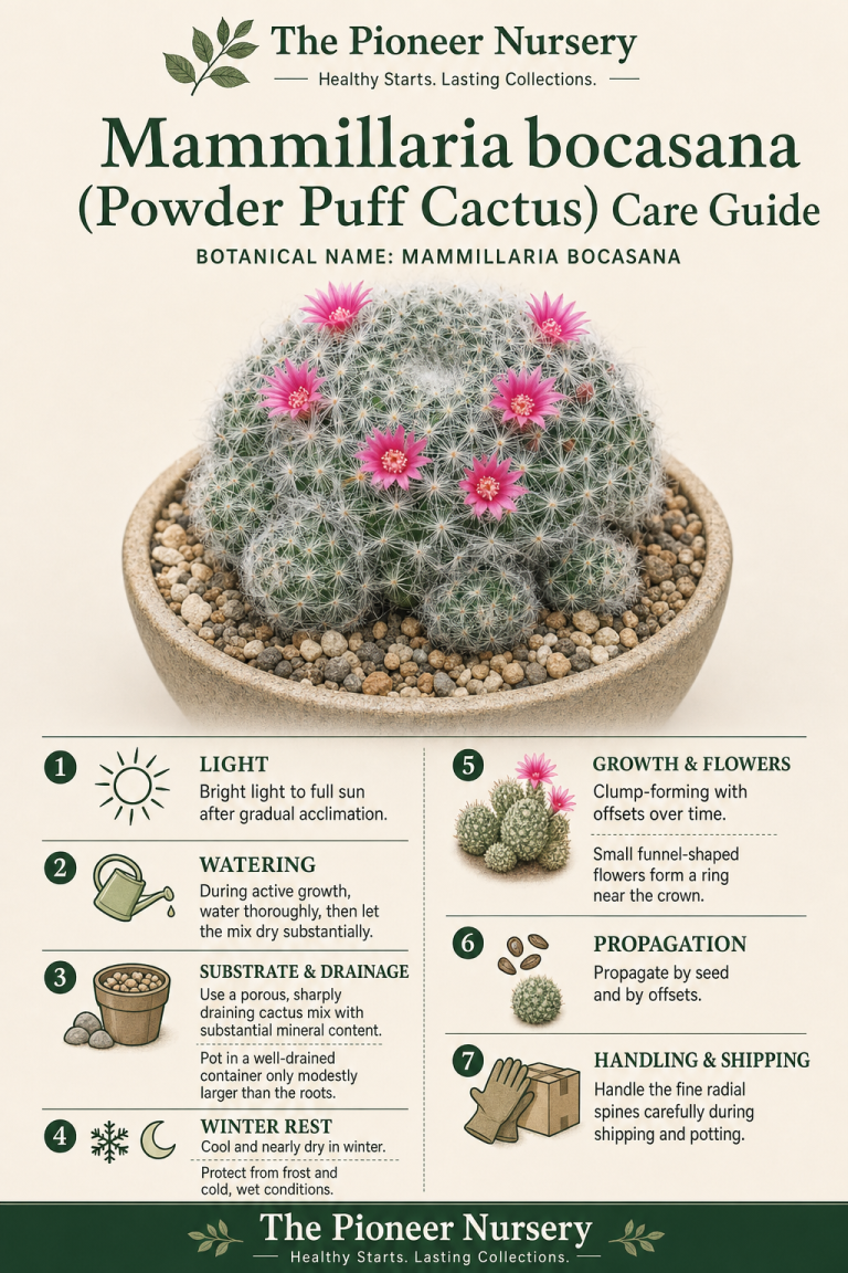 Mammillaria bocasana powder puff cactus with fine radial spines and care guide sections for light, watering, soil, winter rest, flowering, and propagation.