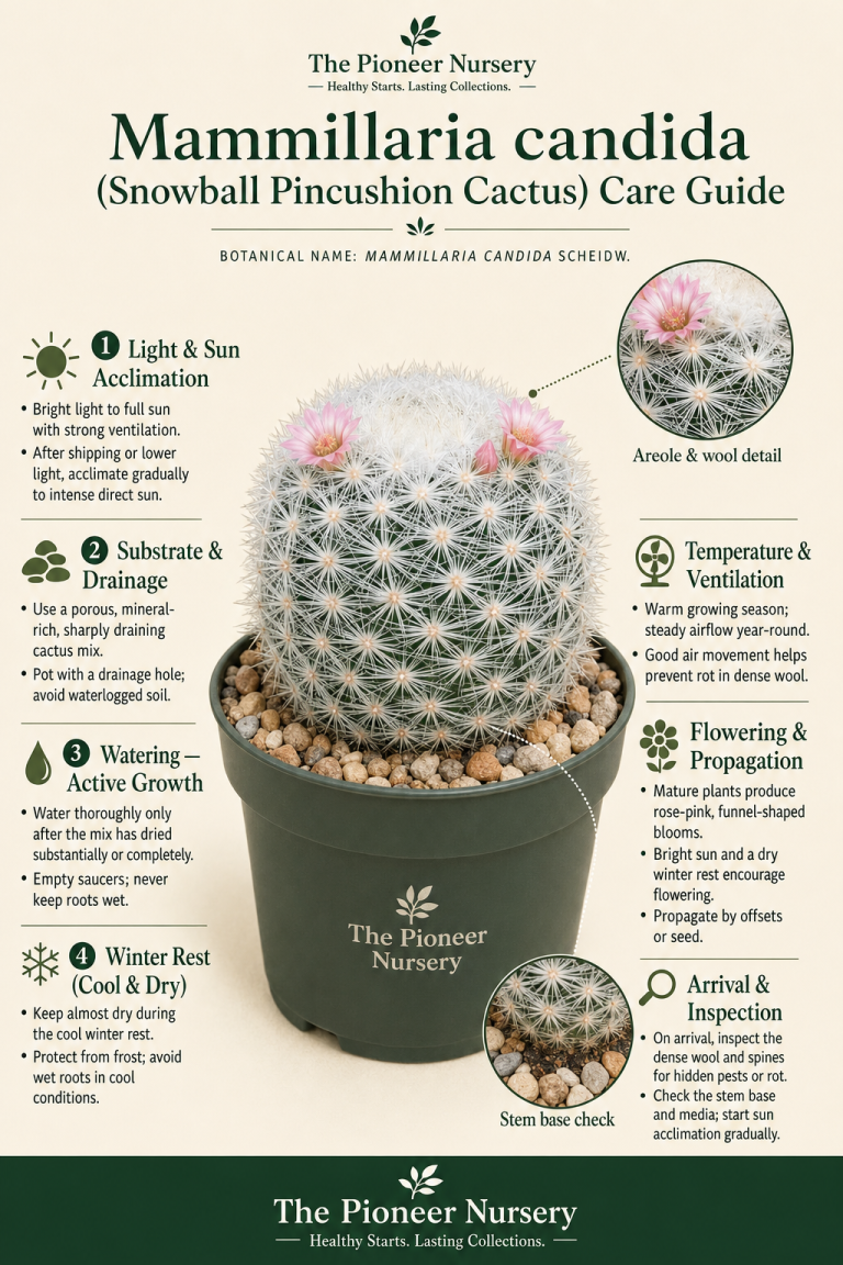 Mammillaria candida snowball pincushion cactus care infographic showing its dense white wool and spines, rose-pink flowers, bright-light needs, sharply draining soil, careful watering, and dry winter rest.