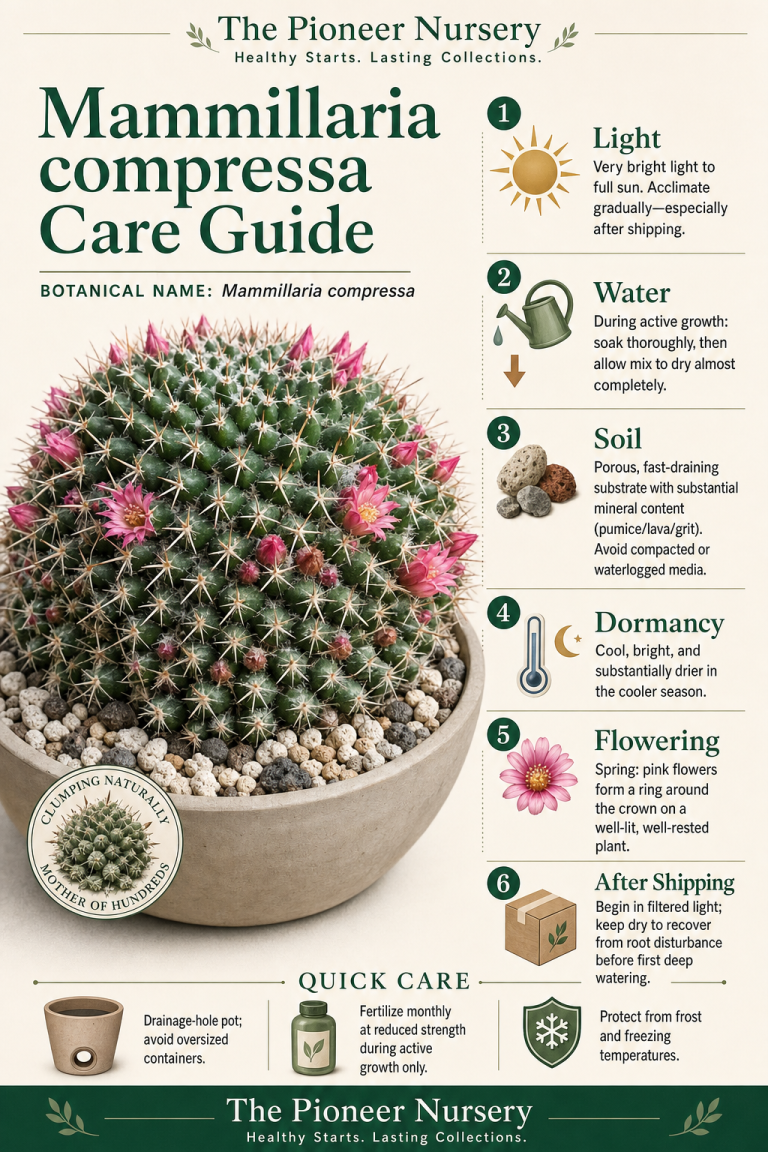 Mammillaria compressa Mother of Hundreds cactus showing its clump-forming growth and pink crown flowers in a mineral cactus substrate