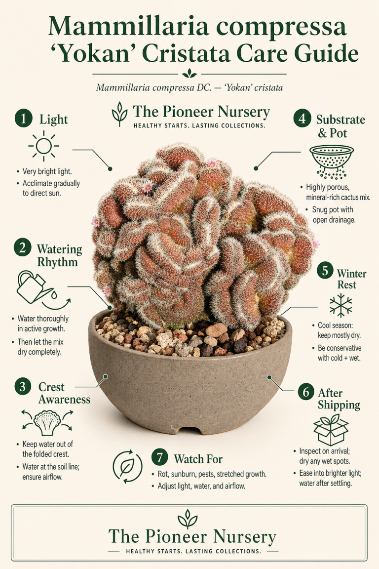 Mammillaria compressa ‘Yokan’ cristata crested cactus with fan-shaped growth shown in a bright, educational care-guide layout.