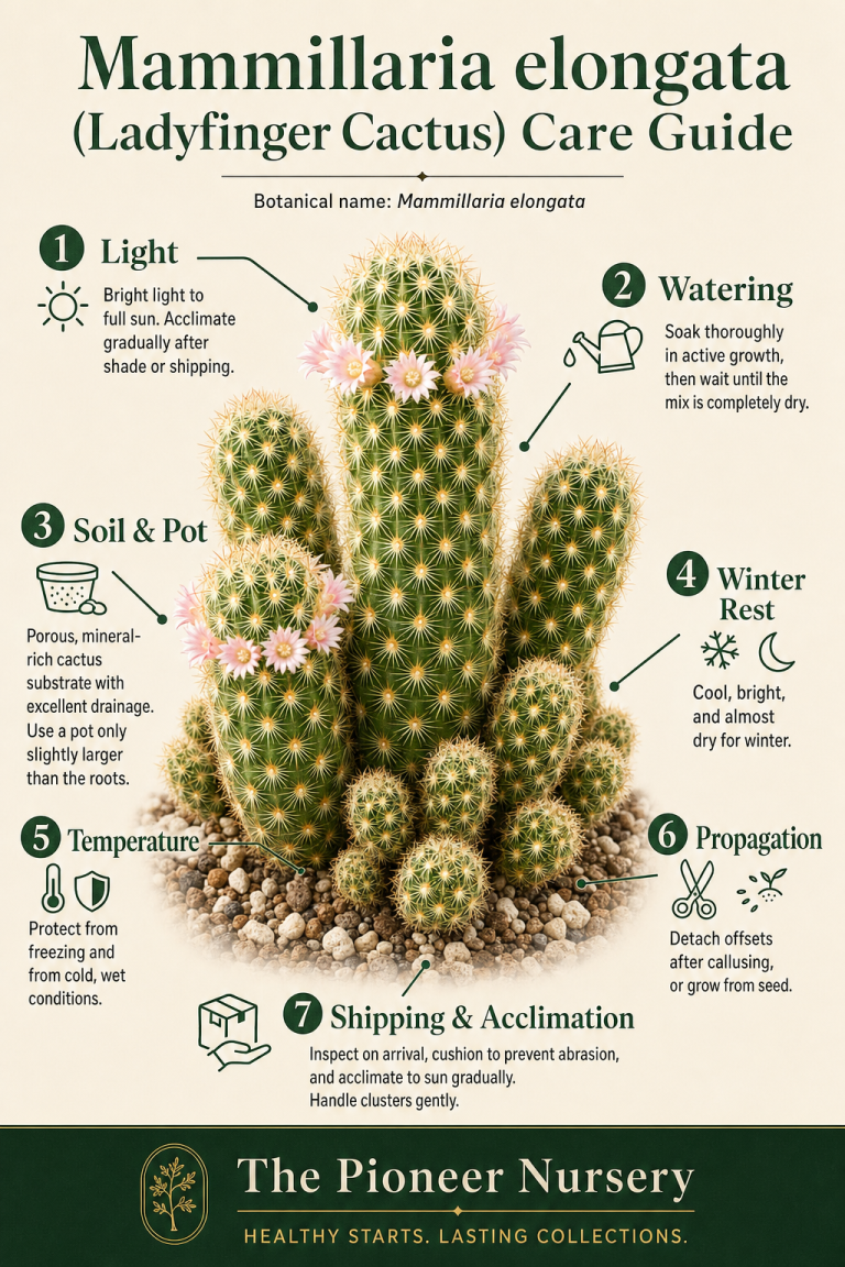 Mammillaria elongata ladyfinger cactus cluster with cylindrical stems, dense golden spines, and small pale flowers