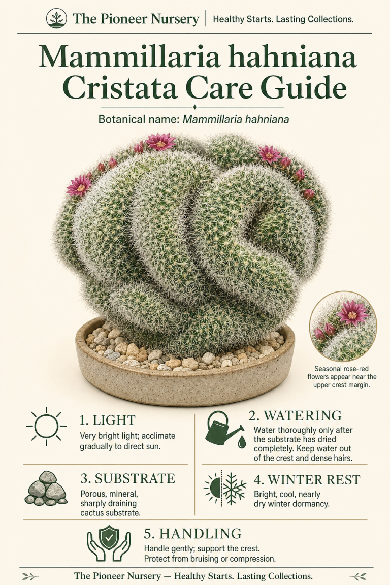 Mammillaria hahniana Cristata, a crested old lady cactus with dense white hairs and a broad irregular fan-shaped crest.