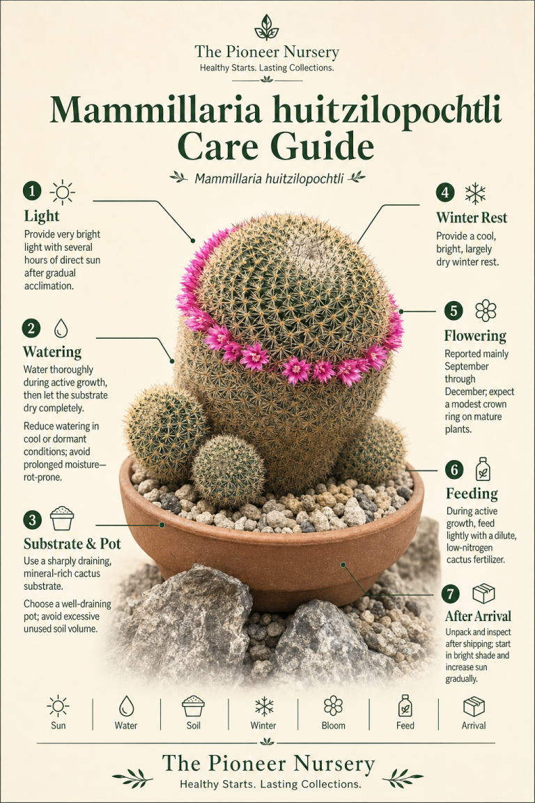 Mammillaria huitzilopochtli cactus with care-guide information for light, drainage, watering, winter rest, and flowering