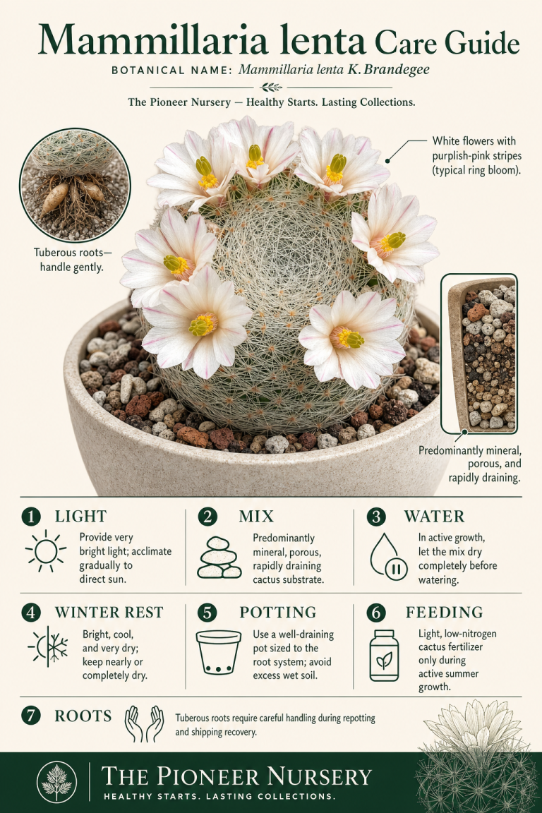 Mammillaria lenta pincushion cactus with white and purplish-pink striped flowers, shown in a mineral cactus substrate with care guidance.