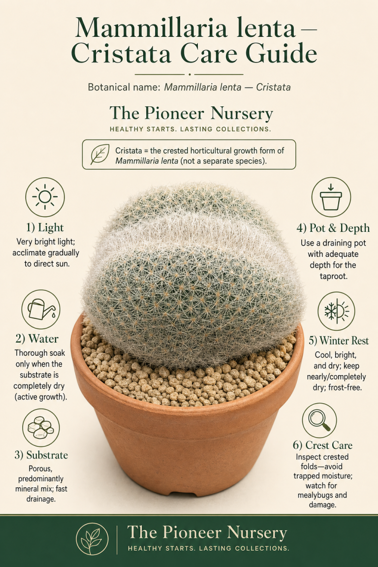 Mammillaria lenta Cristata with irregular crested growth and dense spines in a mineral cactus substrate