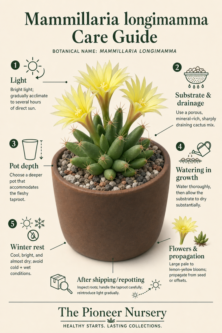 Mammillaria longimamma cactus with elongated tubercles and pale yellow flowers beside a concise care infographic