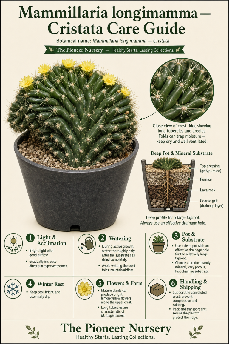 Mammillaria longimamma Cristata with a flattened convoluted crest, long tubercles, and yellow flowers in a vertical care guide infographic.