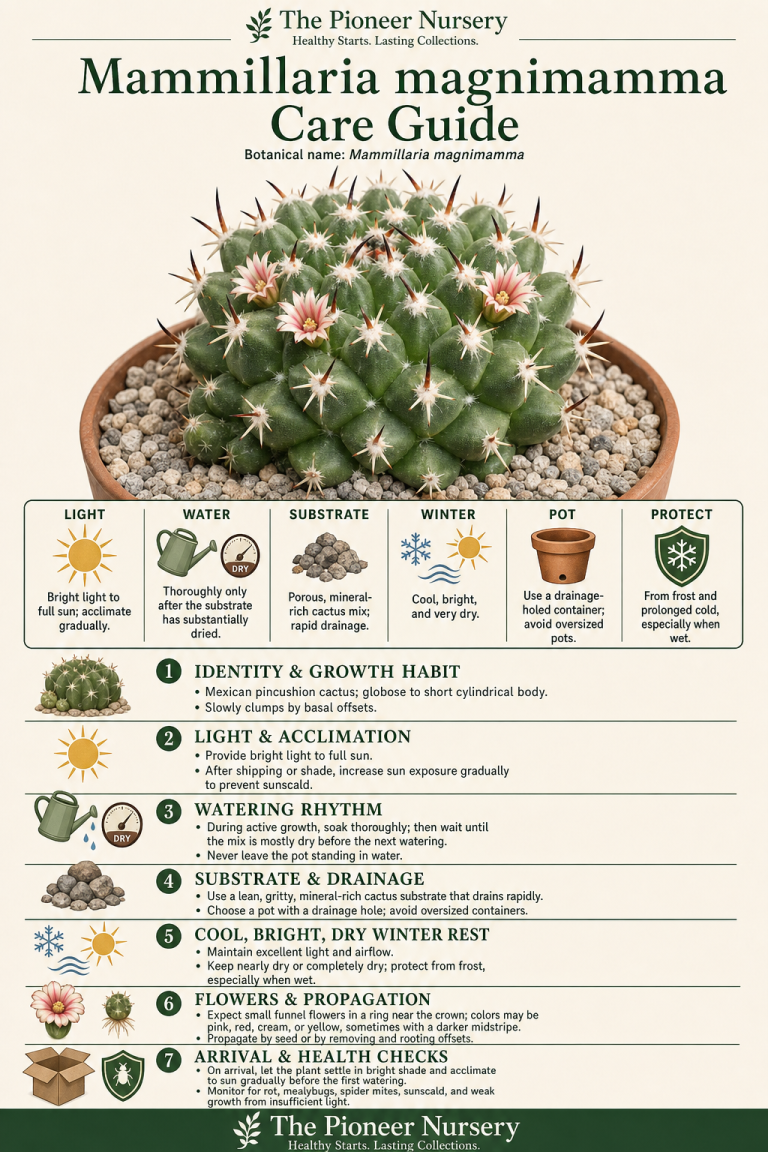 Mammillaria magnimamma Mexican pincushion cactus care guide showing its clumping form, crown-ring flowers, strong-light needs, sharp drainage, and dry winter rest.