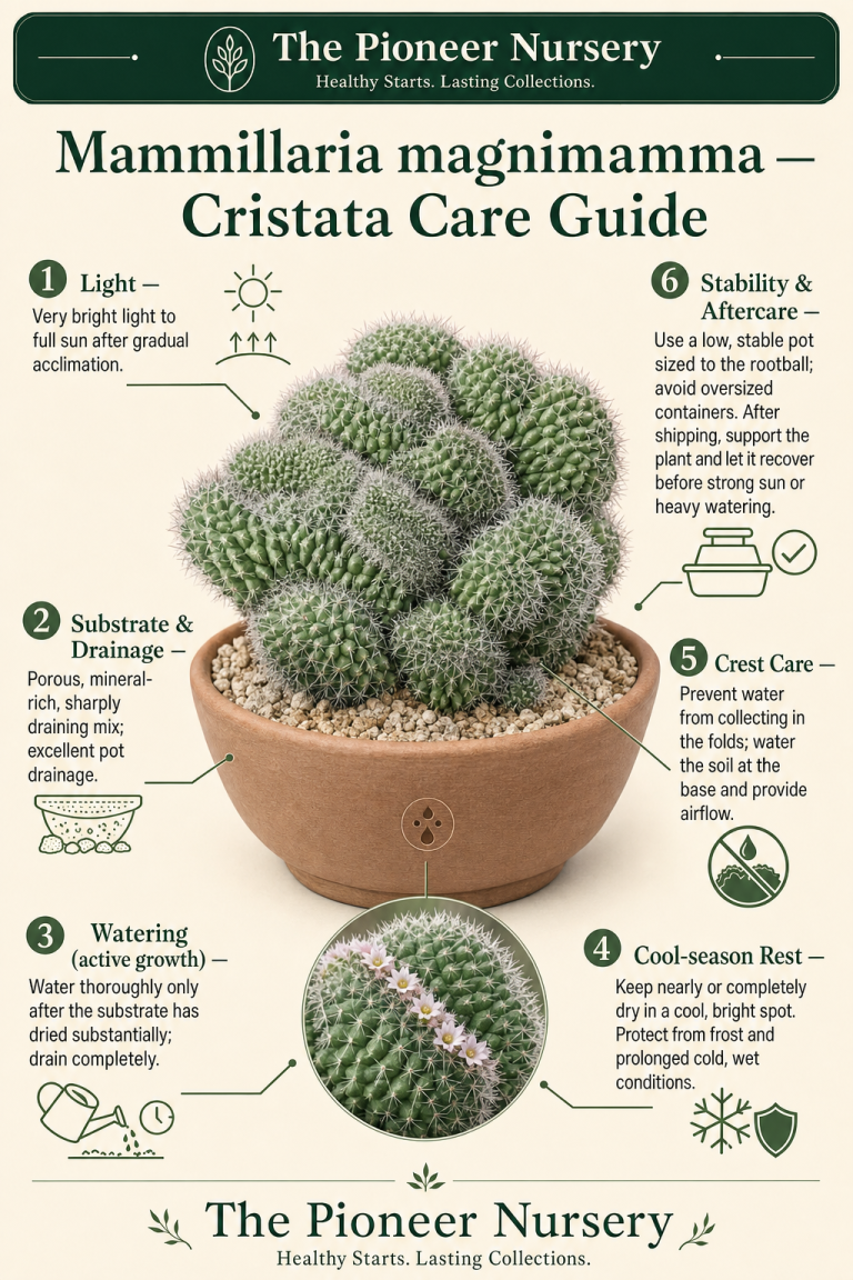 Mammillaria magnimamma Cristata with irregular crested growth and a concise cactus care guide infographic
