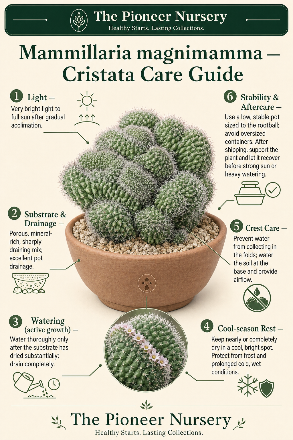 Mammillaria magnimamma Cristata with irregular crested growth and a concise cactus care guide infographic