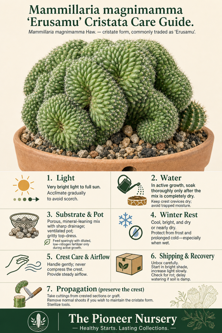 Crested Mammillaria magnimamma ‘Erusamu’ cactus in a mineral, sharply draining potting mix with care-guide panels for light, watering, winter rest, and handling.