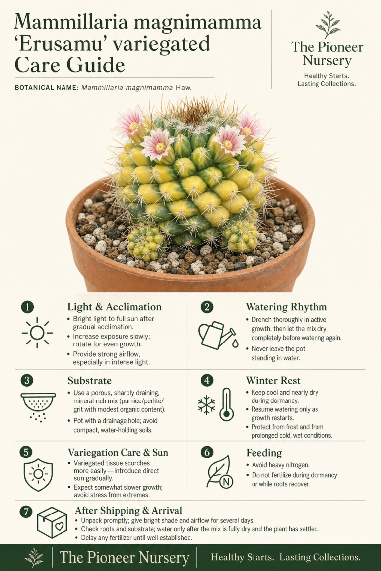Variegated Mammillaria magnimamma ‘Erusamu’ cactus with compact clumping growth, pale variegated tissue, and small crown-ring flowers shown in a vertical care infographic.