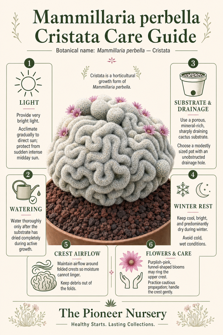 Mammillaria perbella Cristata, a crested Owl Eye Cactus, shown with care guidance for bright light, dry-down watering, mineral soil, winter rest, and airflow.